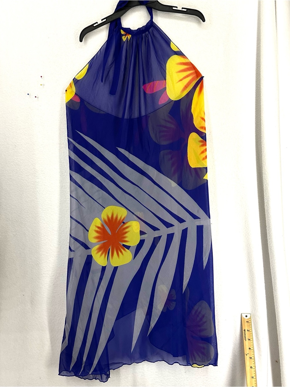 NWT Tropical Floral Halter Maxi Dress Women’s M Blue Sheer Overlay